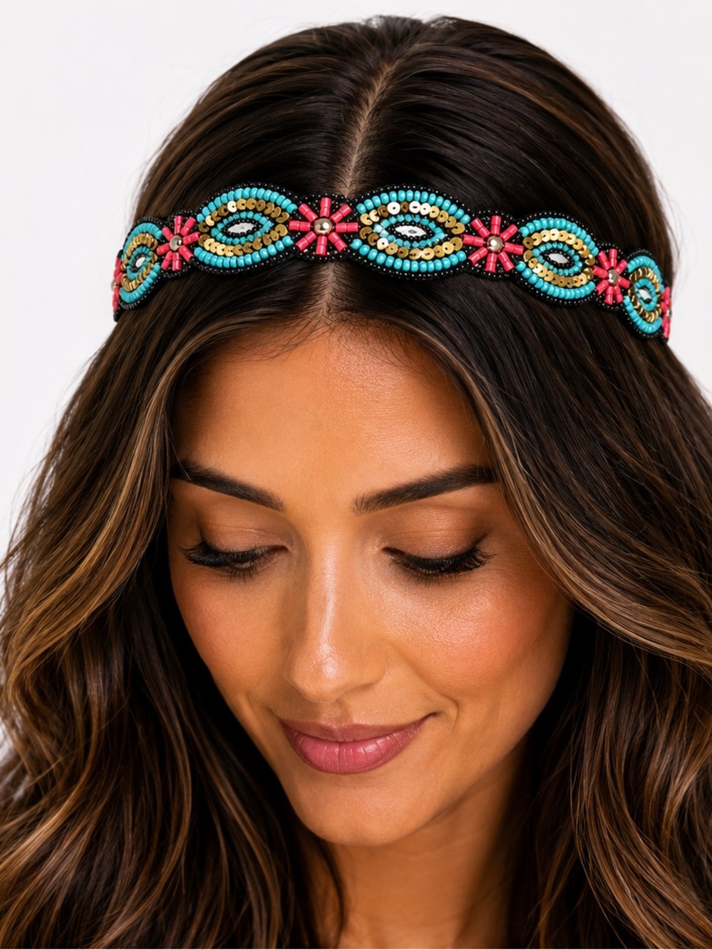 NEW -  Anthropologie Beaded Boho Headwrap Headband in Turquoise Red Gold & Black